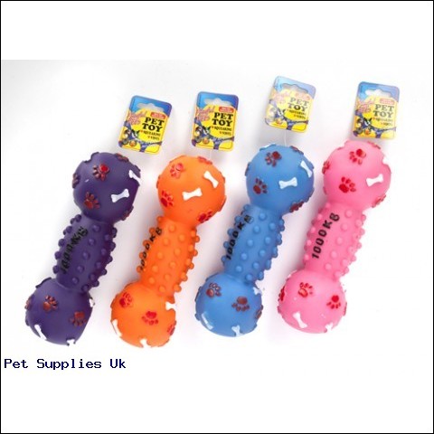 4 ASST COLOUR 9.5" SQUEAKY  DUMBBELL SHAPE DOG TOY W/CARD