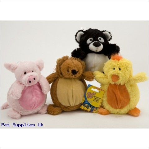 4 ASST CHUBBY SITTING PET TOY  W/SQUEAKER ON HANG CARD
