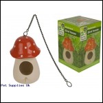 LARGE RED TOP POTTERY MUSHROOM  BIRD HOUSE W/CHAIN IN BOX